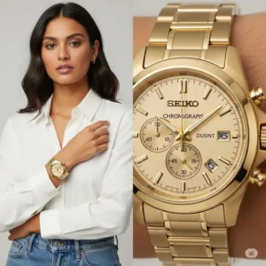 A Seiko golden watches for women chronograph, combining classic golden aesthetics with modern functionality.