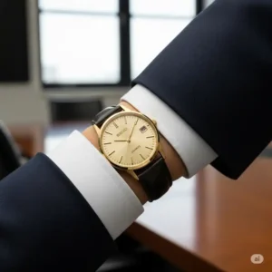 A brand new seiko quartz gold watch elegantly presented in its original box, ready for unboxing and showcasing its pristine condition.