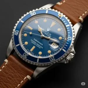 A vintage blue Rolex watch Submariner on a worn leather strap, capturing its enduring charm and historical significance.