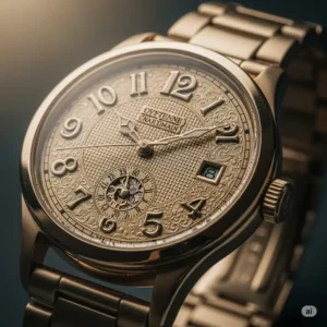 Vintage-inspired male gold watch with a distinctive dial, reflecting a sense of heritage and unique character.