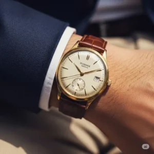 Stylish vintage gold watch comfortably worn on a wrist, complementing a classic outfit.