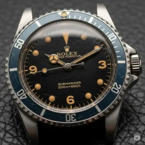 Image of a vintage Rolex Submariner with faded bezel and charming patina on its dial, featuring classic Arabic numerals that evoke a sense of history and heritage.