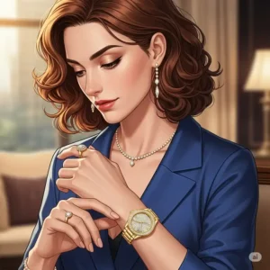 An illustration of a woman accessorizing with a beautiful 24k gold watch, complementing other fine jewelry pieces.