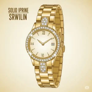 Elegant illustration of a women's solid gold wrist watch with diamond accents, perfect for a sophisticated look.
