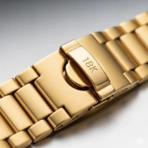 Close-up of the secure and finely crafted clasp on a solid 18k gold watch men's bracelet.