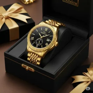 An illustration of a gleaming 24k gold watch presented in a luxurious gift box, signifying a premium and memorable present.