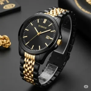 "A modern black with gold watch links in a durable stainless steel band, perfect for everyday wear and a bold statement."