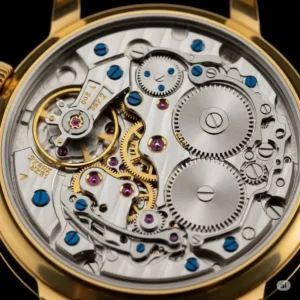 Detailed view of the intricate mechanical movement inside a high-quality watch gold and silver.