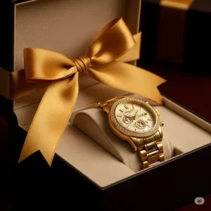 A beautiful golden watch presented in a luxurious gift box with a satin ribbon, ideal for special occasions.