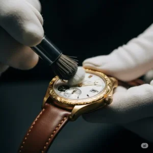Someone gently cleaning a gold watch 14k gold, illustrating proper care.