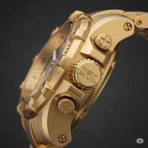Side view of a robust Invicta gold watch for men, highlighting its durable case and detailed crown.
