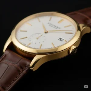 High-end luxury gold dress watch for men, featuring a minimalist design and a polished gold case, ideal for formal occasions.