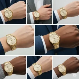 A versatile men's gold wrist watch displayed on various skin tones, illustrating its universal appeal.