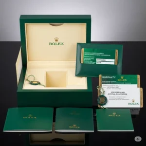 A Rolex box accompanied by its official papers and warranty card, essential components for authenticating and documenting the watch.