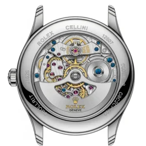 An illustration of the see-through case back of a cellini rolex watches, revealing the intricate movement and craftsmanship inside.