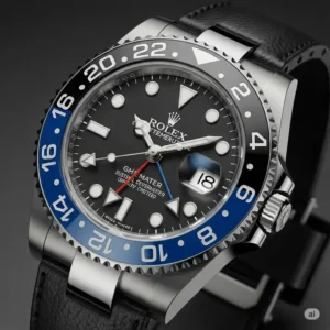 A modern Rolex GMT-Master II with a striking blue and black "Batman" bezel, subtly incorporating Arabic numerals on a custom or limited-edition dial.