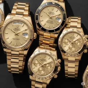 A close-up shot of a rolex gold watch for men being worn on a wrist, demonstrating its comfortable fit and impressive presence. The watch pairs well with formal or casual attire.