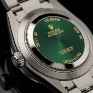 "A green dial rolex watch GMT-Master II resting elegantly on a polished wooden desk, emphasizing its sophisticated appearance."