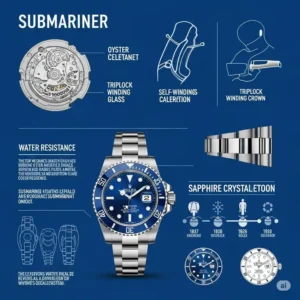 An infographic-style image detailing the features of a Rolex Submariner, a collector's favorite rolex watch blue face.