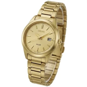 Seiko golden watches for women solar-powered model, blending eco-friendly technology with timeless golden elegance.