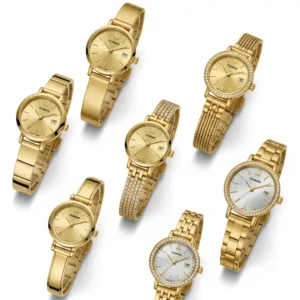 A curated collection of various slim gold watches for women, showcasing different styles and dial options, all with a sophisticated golden hue.