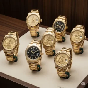 A display of several solid gold Rolex watch from different collections, highlighting the variety of designs available.