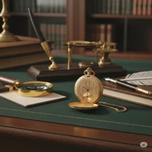 Vintage gold watch displayed with antique desk accessories, evoking a sense of heritage and sophistication.