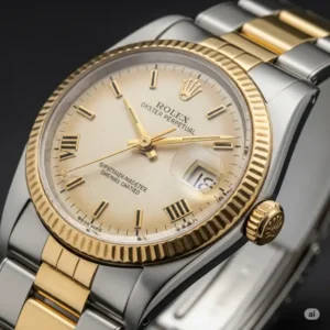 An exquisite vintage two tone rolex watch Oyster Perpetual, displaying its timeless appeal with a faded dial and well-preserved gold and steel elements.