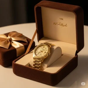 A gold watch 14k gold presented in a luxurious gift box, perfect for special occasions.