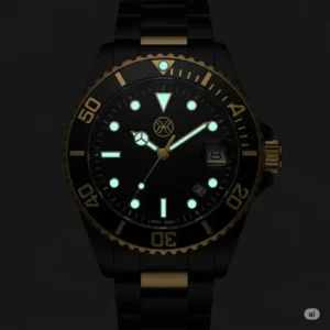 "A black with gold watch in low light, showcasing its luminous hands and markers, making it easy to read in the dark."