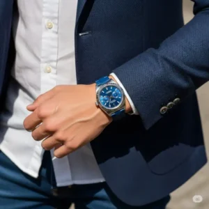 A stylish wrist shot featuring a blue Rolex watch, demonstrating how it complements a modern outfit.