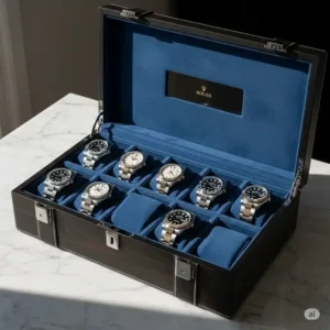 A custom-made storage case designed to hold multiple Rolex watches, providing secure and organized protection for a valuable collection. box of rolex watches