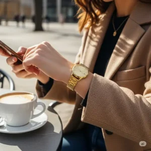 Lifestyle illustration of a solid gold wrist watch being worn on a person's wrist, depicting how it looks in daily use.