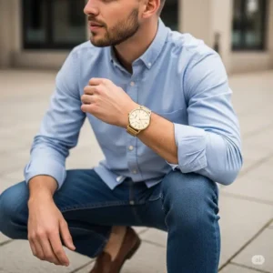 Modern men's gold wrist watch complementing a smart-casual outfit, showing its adaptability for everyday wear.