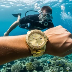 Invicta gold watch for men demonstrating its water-resistant capabilities, ideal for diving and active wear.