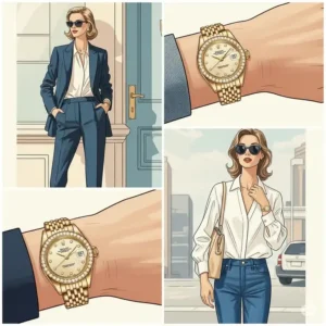 A stylish illustration of a vintage ladies Rolex watch elegantly worn on a wrist, demonstrating how the timepiece complements different outfits and personal styles.