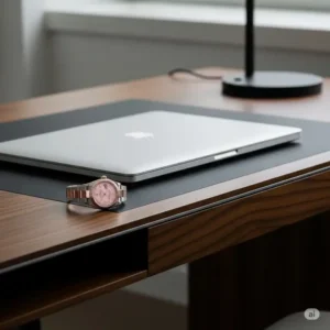Pink Rolex watch subtly placed on a modern desk alongside a laptop, reflecting a refined lifestyle.