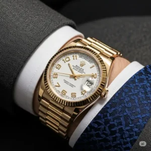 Stylish wrist shot of a Rolex watch with a distinctive white dial and bold Arabic numerals, demonstrating how this classic design complements a sophisticated attire.