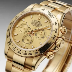 The prestigious Rolex Daytona chronograph in yellow gold, a highly sought-after model in gents gold Rolex watches.