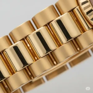 Macro shot of the exquisite solid gold Rolex watch, showcasing its unique semi-circular links.