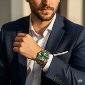 "A stylish individual wearing a green dial rolex watch Datejust with a business suit, showcasing its versatility for both formal and casual occasions."