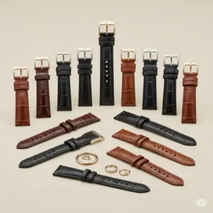 Collection of various Rolex leather watch bands laid out, showcasing different sizes and styles available for enhancing your Rolex.