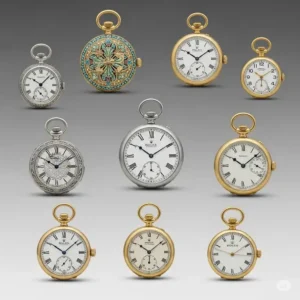 A collection of various rolex pocket watch styles, showcasing the diversity in designs and materials across different eras.