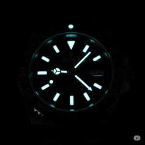 "rolex watch dial demonstrating the impressive luminescence of its features."