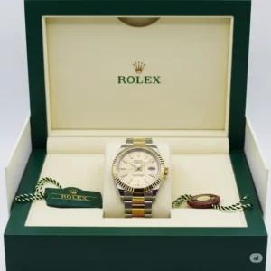 A luxurious two tone rolex watch presented in its iconic green box with white interior, ready for gifting or collection.