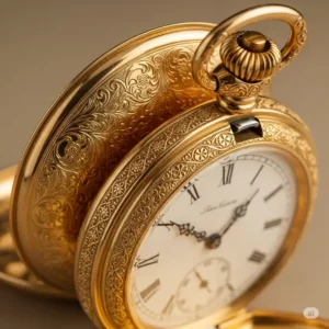 An antique gold pocket watch with ornate detailing, symbolizing the rich history and enduring appeal of gold in watches through generations.