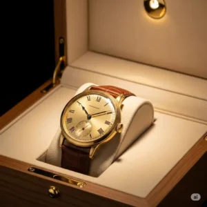 Beautiful vintage gold watch presented in a luxurious wooden display box, emphasizing its collectible value.