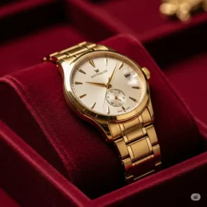Wittnauer watch gold elegantly displayed on a velvet jewelry cushion, emphasizing its luxurious appeal.