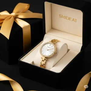 A luxurious slim gold watch for women presented elegantly in a gift box, suggesting it as a perfect present for special occasions.