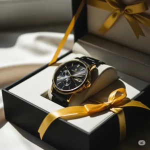 "A beautifully packaged black with gold watch, presented in a gift box, suggesting it as an ideal present for a special occasion."


